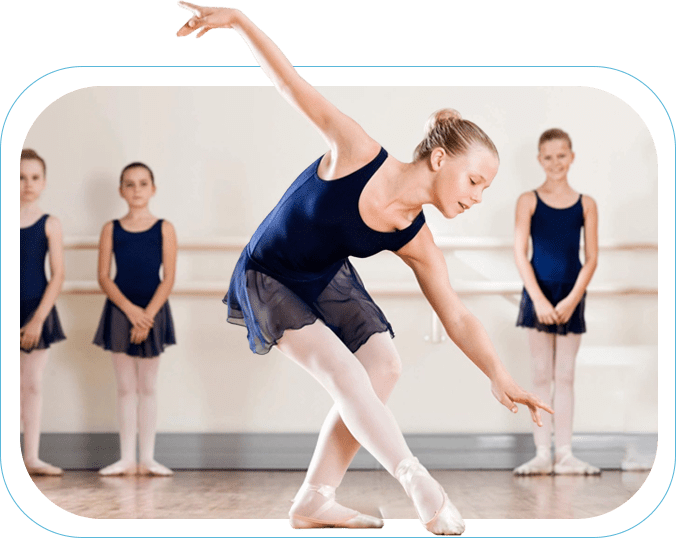 A girl in blue dress doing a dance move.